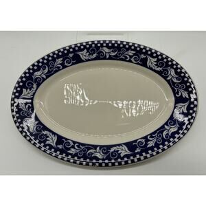 Homer Laughlin China Oval Serving Platter Blue Checker & Leaf Pattern 13.25"x 9"